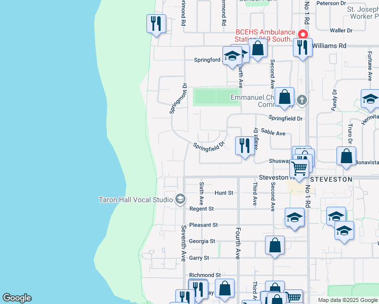 map of restaurants, bars, coffee shops, grocery stores, and more near 10864 Springmont Gate in Richmond