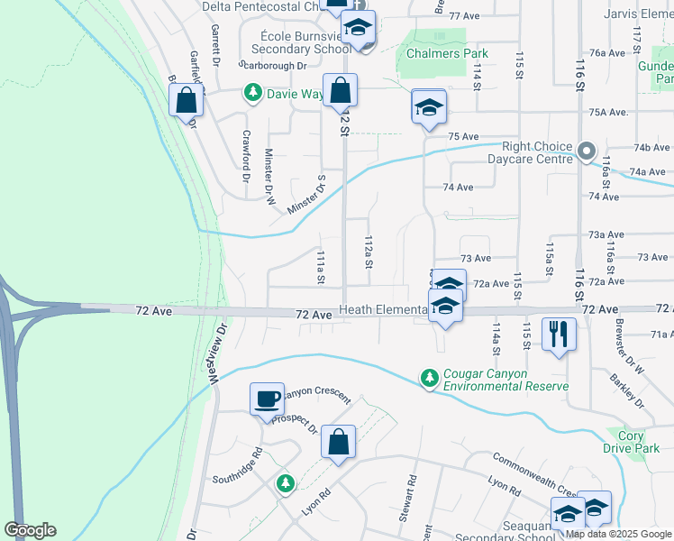 map of restaurants, bars, coffee shops, grocery stores, and more near 7275 112 Street in Delta