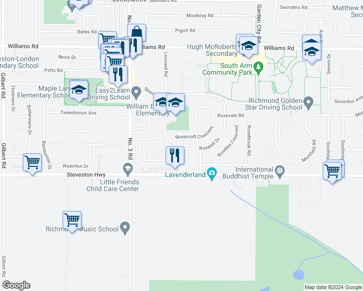 map of restaurants, bars, coffee shops, grocery stores, and more near 8371 Rosehill Drive in Richmond