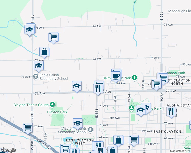 map of restaurants, bars, coffee shops, grocery stores, and more near 7291 188 Street in Surrey