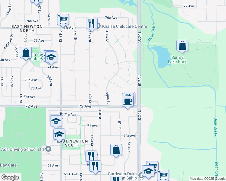 map of restaurants, bars, coffee shops, grocery stores, and more near in Surrey