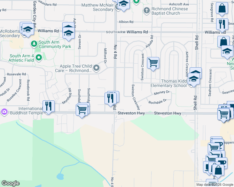 map of restaurants, bars, coffee shops, grocery stores, and more near 10460 Number 4 Road in Richmond