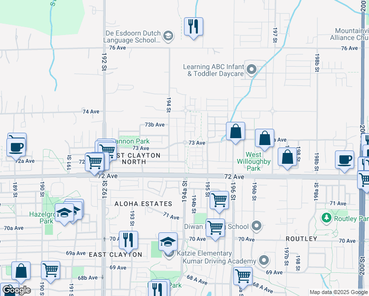 map of restaurants, bars, coffee shops, grocery stores, and more near 7289 194A Street in Surrey