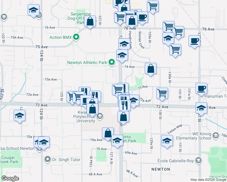 map of restaurants, bars, coffee shops, grocery stores, and more near 12739 72 Avenue in Surrey