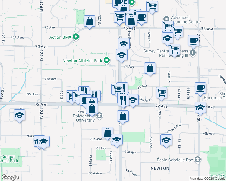 map of restaurants, bars, coffee shops, grocery stores, and more near 12739 72 Avenue in Surrey