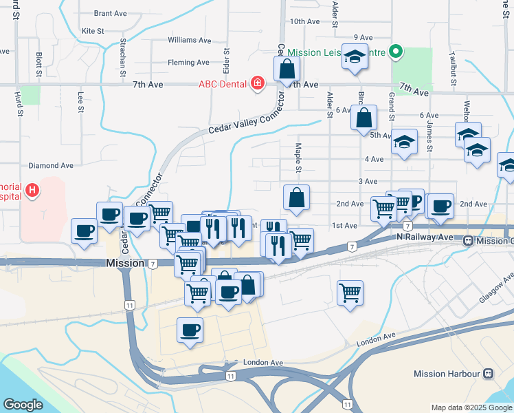 map of restaurants, bars, coffee shops, grocery stores, and more near 32705 Fraser Crescent in Mission