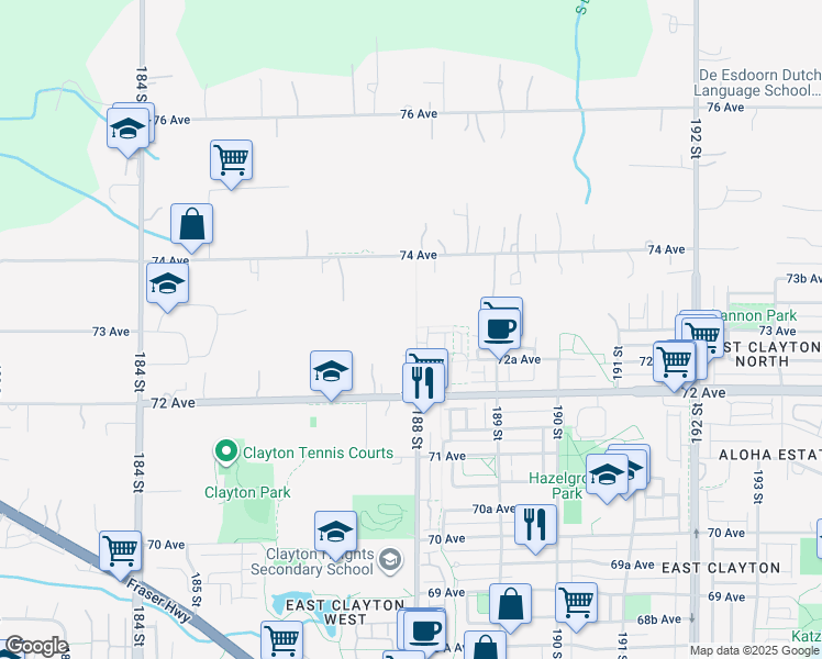map of restaurants, bars, coffee shops, grocery stores, and more near 7291 188 Street in Surrey