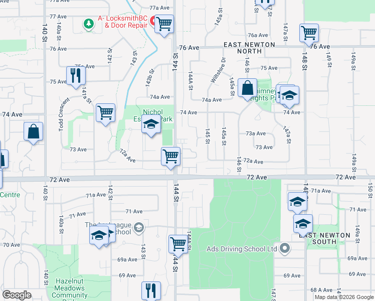 map of restaurants, bars, coffee shops, grocery stores, and more near 7250 144 Street in Surrey