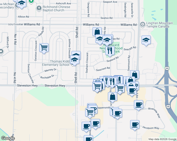 map of restaurants, bars, coffee shops, grocery stores, and more near 10580 Seaham Crescent in Richmond