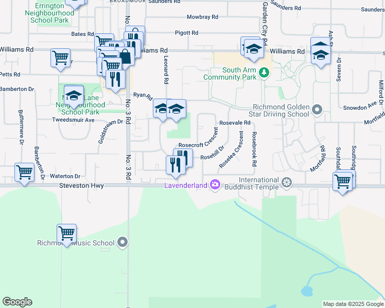 map of restaurants, bars, coffee shops, grocery stores, and more near 8431 Rosehill Drive in Richmond