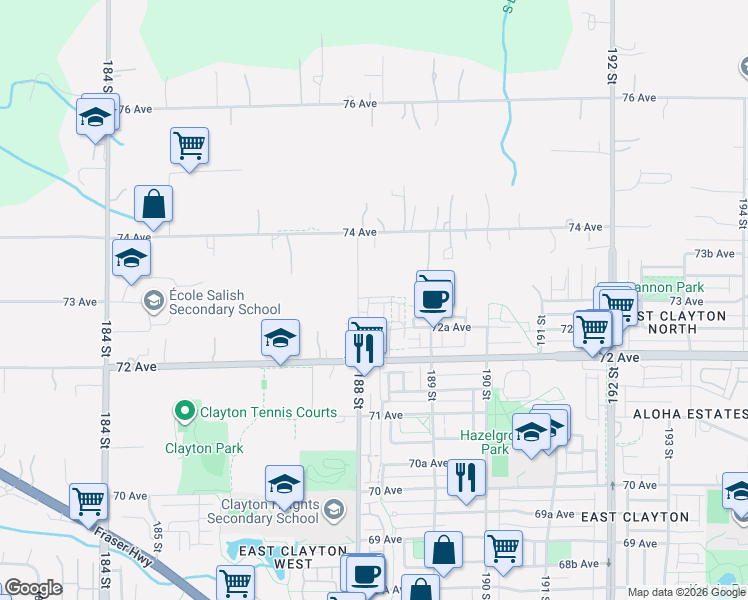 map of restaurants, bars, coffee shops, grocery stores, and more near 7288 188 Street in Surrey