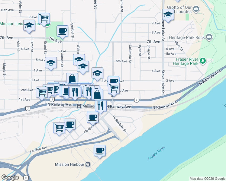 map of restaurants, bars, coffee shops, grocery stores, and more near 7350 Murray Street in Mission