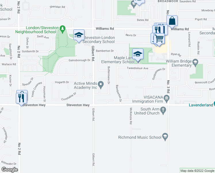 map of restaurants, bars, coffee shops, grocery stores, and more near 10611 Buttermere Drive in Richmond