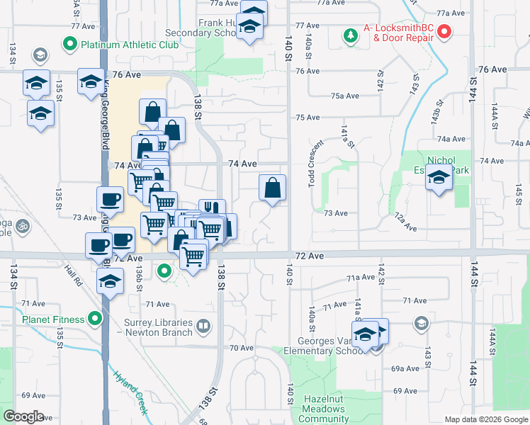 map of restaurants, bars, coffee shops, grocery stores, and more near 7287 140 Street in Surrey