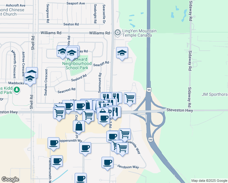 map of restaurants, bars, coffee shops, grocery stores, and more near 10620 Number 5 Road in Richmond