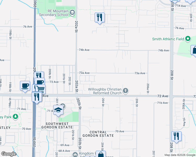 map of restaurants, bars, coffee shops, grocery stores, and more near 20370 73A Avenue in Langley Township