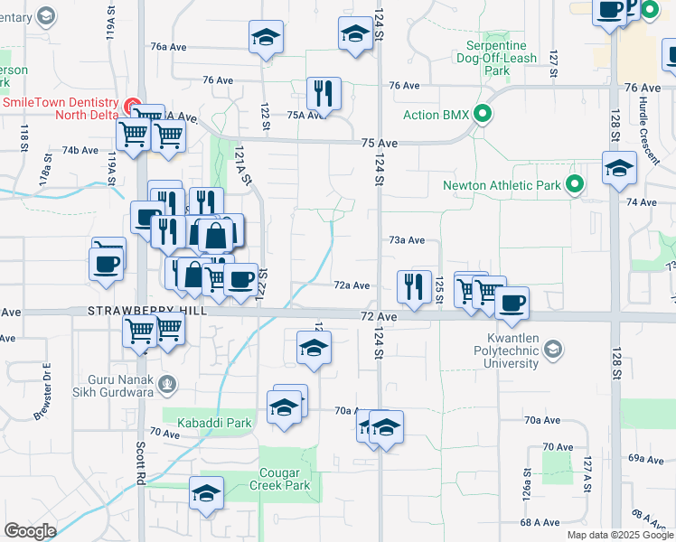 map of restaurants, bars, coffee shops, grocery stores, and more near 7282 123 Street in Surrey