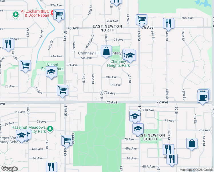 map of restaurants, bars, coffee shops, grocery stores, and more near 7313 146A Street in Surrey