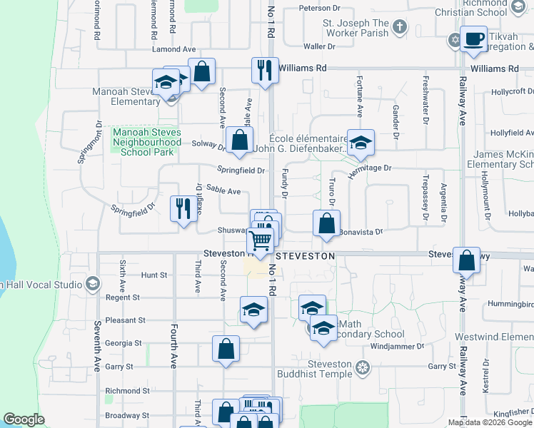 map of restaurants, bars, coffee shops, grocery stores, and more near 10571 Number 1 Road in Richmond