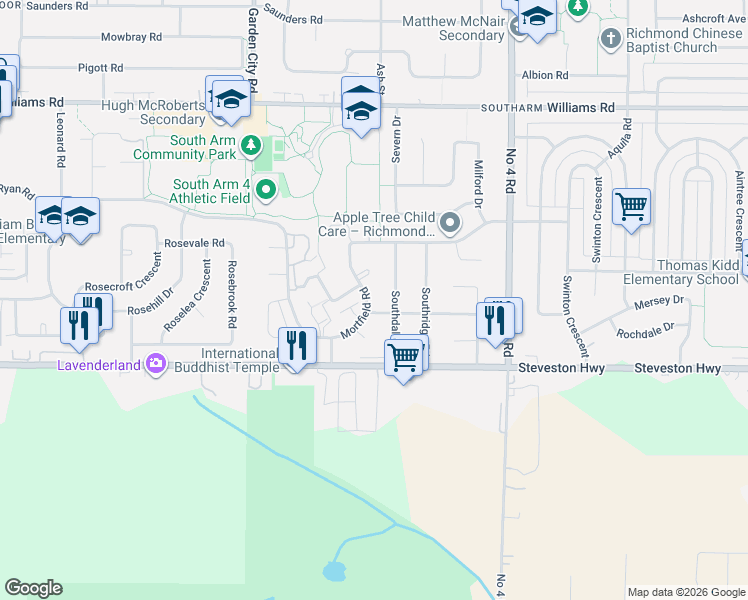 map of restaurants, bars, coffee shops, grocery stores, and more near 10780 Mortfield Road in Richmond
