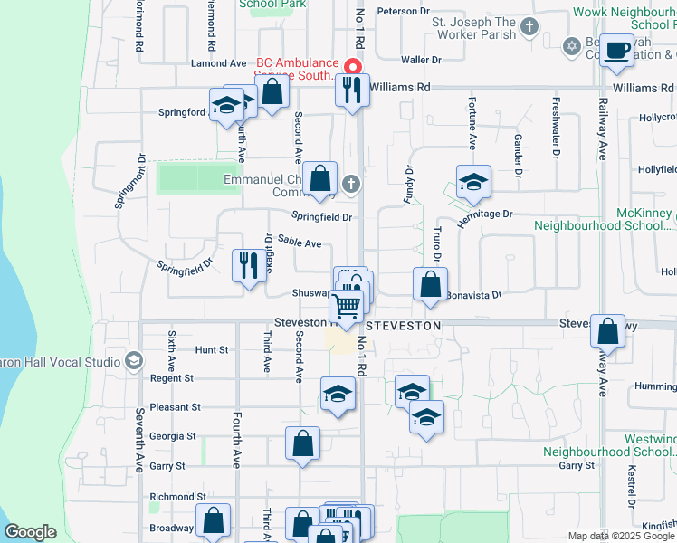 map of restaurants, bars, coffee shops, grocery stores, and more near 10540 Sorrel Drive in Richmond