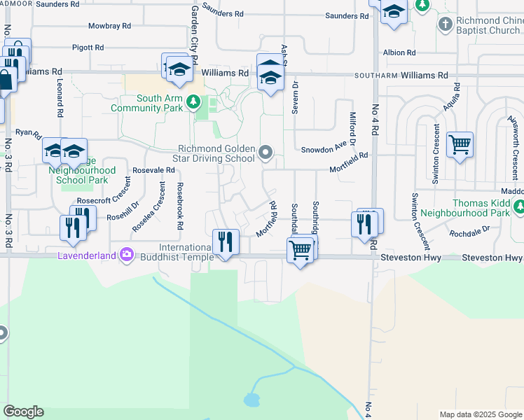 map of restaurants, bars, coffee shops, grocery stores, and more near 10951 Mortfield Road in Richmond