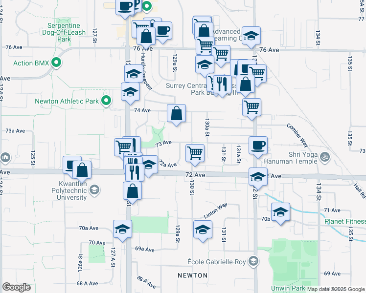 map of restaurants, bars, coffee shops, grocery stores, and more near 7294 129B Street in Surrey