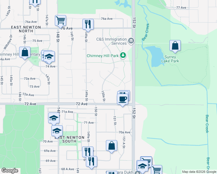 map of restaurants, bars, coffee shops, grocery stores, and more near 15081 73 Avenue in Surrey
