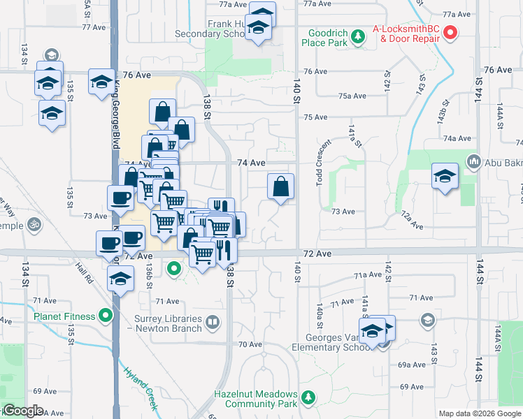 map of restaurants, bars, coffee shops, grocery stores, and more near 7325 140 Street in Surrey