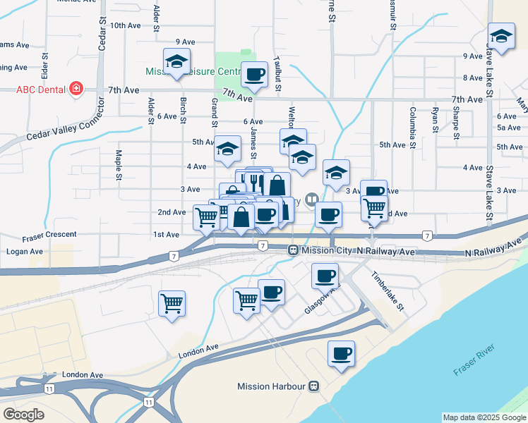 map of restaurants, bars, coffee shops, grocery stores, and more near 33165 2 Avenue in Mission