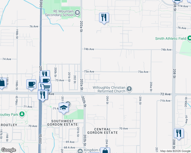 map of restaurants, bars, coffee shops, grocery stores, and more near 20282 72B Avenue in Langley