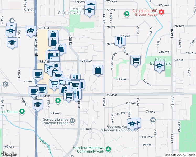map of restaurants, bars, coffee shops, grocery stores, and more near 7251 140 Street in Surrey