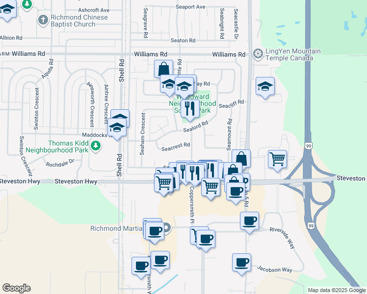 map of restaurants, bars, coffee shops, grocery stores, and more near 11420 Seacrest Road in Richmond