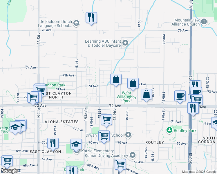 map of restaurants, bars, coffee shops, grocery stores, and more near 7292 195A Street in Surrey