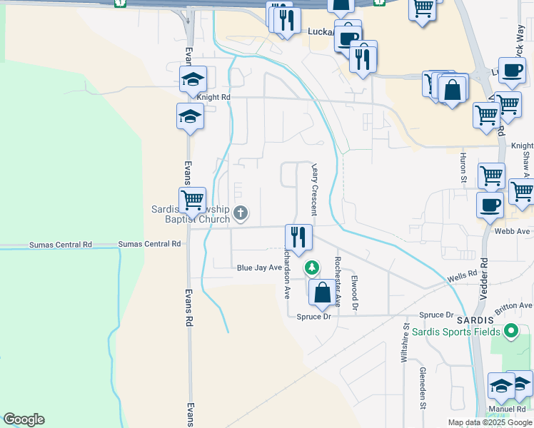 map of restaurants, bars, coffee shops, grocery stores, and more near 7334 Sunshine Drive in Chilliwack