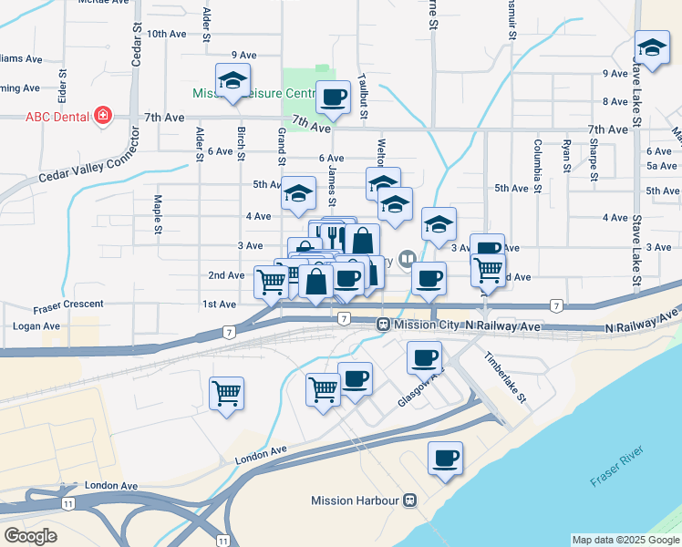 map of restaurants, bars, coffee shops, grocery stores, and more near 33071 2nd Avenue in Mission