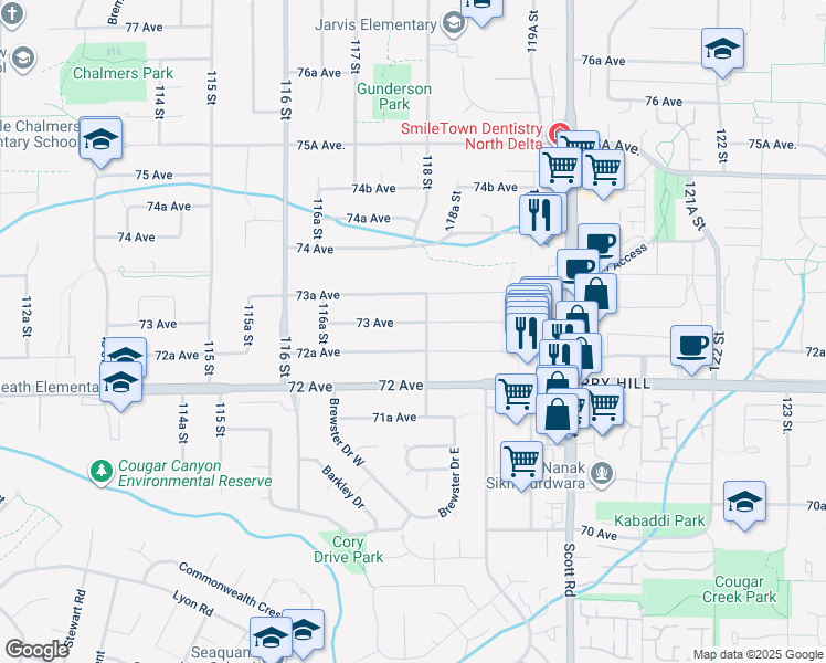 map of restaurants, bars, coffee shops, grocery stores, and more near 11778 73 Avenue in Delta