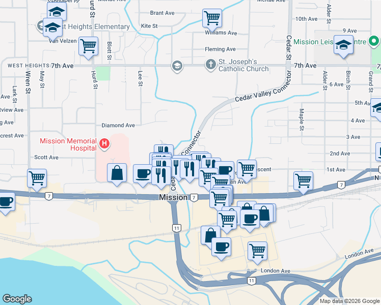 map of restaurants, bars, coffee shops, grocery stores, and more near Cedar Valley Connector in Mission