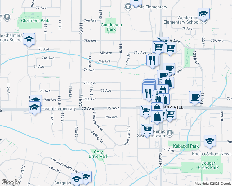 map of restaurants, bars, coffee shops, grocery stores, and more near 11778 73 Avenue in Delta