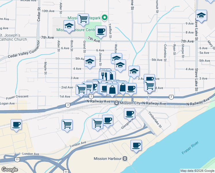 map of restaurants, bars, coffee shops, grocery stores, and more near 33165 2nd Avenue in Mission