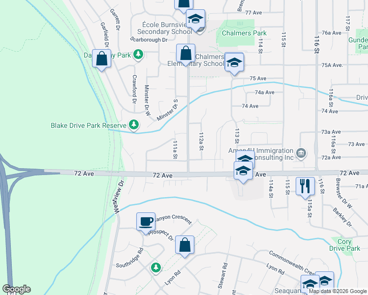 map of restaurants, bars, coffee shops, grocery stores, and more near 7285 112 Street in Delta