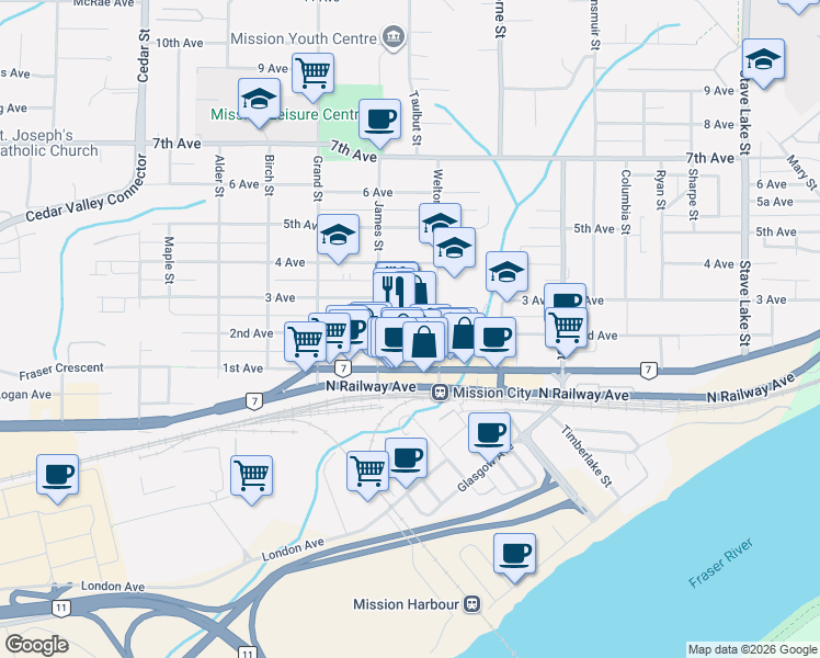 map of restaurants, bars, coffee shops, grocery stores, and more near 33163 2nd Avenue in Mission