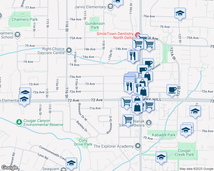 map of restaurants, bars, coffee shops, grocery stores, and more near 11822 73 Avenue in Delta