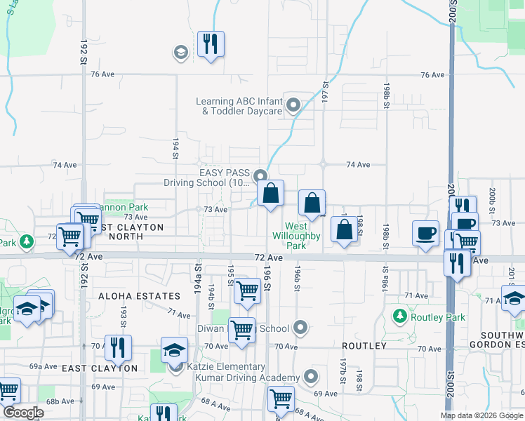 map of restaurants, bars, coffee shops, grocery stores, and more near 7291 196 Street in Surrey