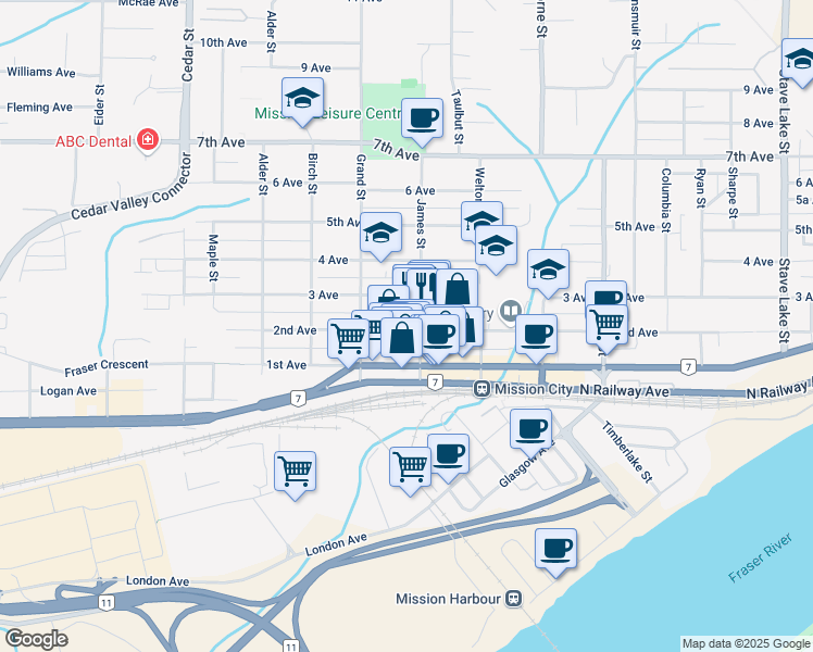 map of restaurants, bars, coffee shops, grocery stores, and more near 33071 2nd Avenue in Mission