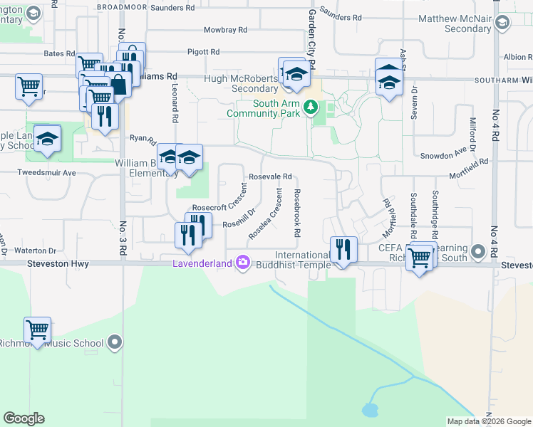 map of restaurants, bars, coffee shops, grocery stores, and more near 10771 Roselea Crescent in Richmond