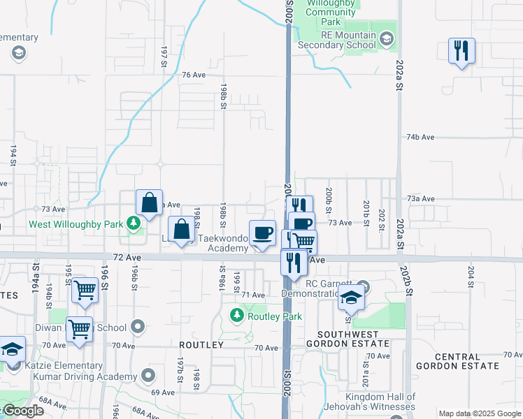 map of restaurants, bars, coffee shops, grocery stores, and more near 19938 73A Avenue in Langley