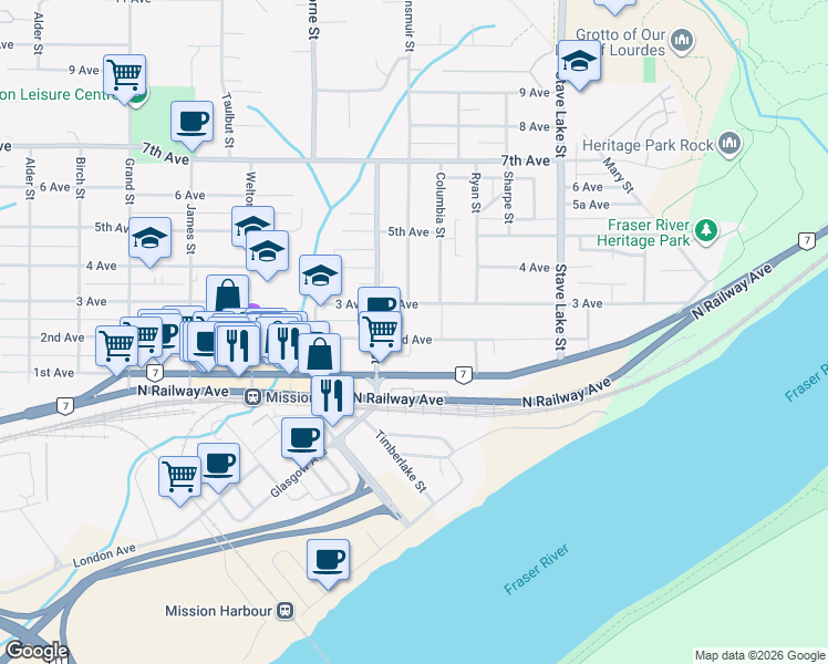 map of restaurants, bars, coffee shops, grocery stores, and more near 33457 2nd Avenue in Mission