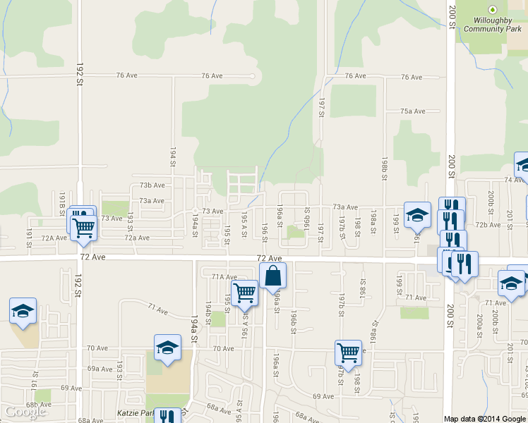 map of restaurants, bars, coffee shops, grocery stores, and more near 7251 196 Street in Surrey