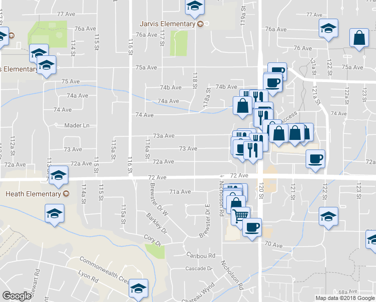 map of restaurants, bars, coffee shops, grocery stores, and more near 11778 73 Avenue in Delta
